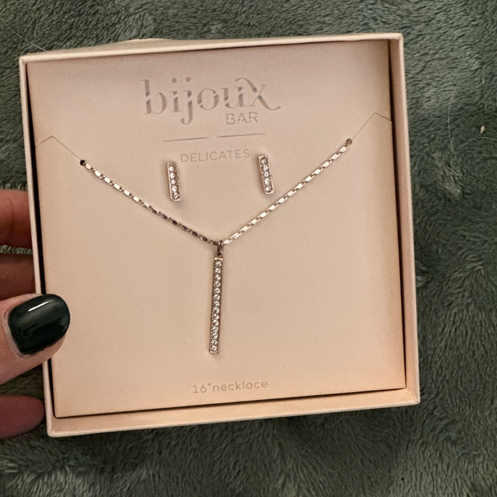 NIB Bijoux Bar gold plated necklace and earrings.